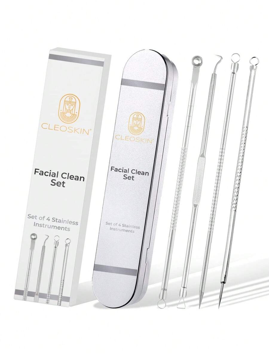 Kit de Extracció de Espinillas con 4 Herramientas de Acero Inoxidable - Extractor de Puntos Negros y Granos para Limpieza Facial Profesional, Reutilizable - Set 1 - Ver 1