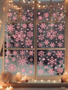 93pcs-Pink Snowflake Stickers,Pink Christmas Static Glitter Snowflake Window Decals ,Snowflake Stickers, Christmas Stickers, Decorative Stickers, Holiday Decor Stickers, Party Decor Stickers, Christmas Party Supplies Decoration Sticker,Christmas Decorations For Family Room Office Supermarket Store Window Glass Door,Christmas