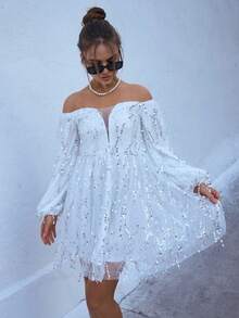Joyfunear Đầm dạ hội trễ vai tay dài tua rua và sequin dành cho nữ, phù hợp cho mùa xuân, hè, thu, đông - trắng - Xem 6