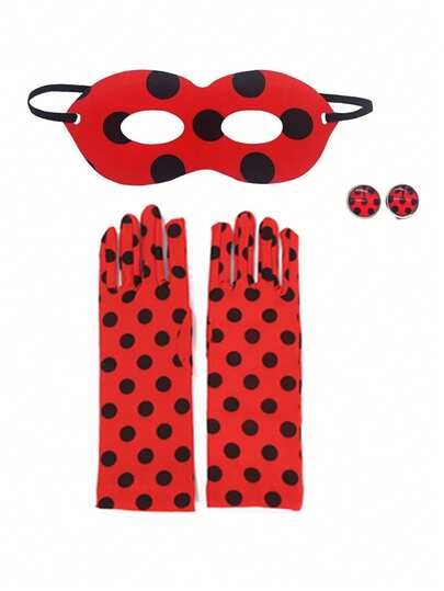 Polka Dot Eye Masks,Gloves And Earrings Ladybug Costume Accessories Set For Kids Girls Halloween Christmas Party Carnival Red New Years Birthday Gifts