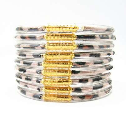 9 peças/lote Pulseiras Bracelete de Gelatina Brilhante com Estampa de Leopardo, Pulseira Brilhante para Mulheres, Pulseira de Buda para Meninas