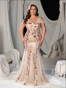 Vestido de Festa Formal Plus Size para Mulheres, com Alças Grossas, Corpete Ajustado e Cauda de Sereia Elegante, Adequado para Gala de Gala Preta, Grandes Banquetes, Noites de Ópera, Degustações de Vinhos e Bailes de Caridade - Champanhe - Visão 4