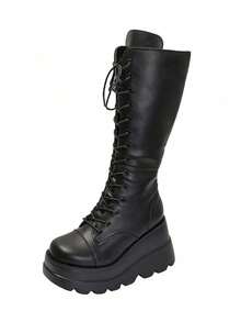 女士粉色圆头厚底高跟长靴，系带弹力时尚靴，适合秋冬季节和派对穿着