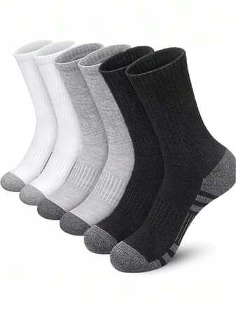 5 双纯色运动户外健身袜，大码，舒适柔软，抓地力强，足球/篮球中筒棉质透气黑/白/灰色长袜，适合秋冬，团队运动
