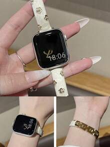 1pc Gold Floral Inlaid Metal Bracelet Watch Band, Women's Plum Blossom Ceramic Watch Band, Compatible With Apple Watch Series Ultra 3/2/1, SE, 11, 10, 9, 8, 7, 6, 5, 4, 3, 2, 1, Size 38/40/41/42/44/45/46/49mm, Smart Watch Accessory, Gold Band - Platinum - View 11