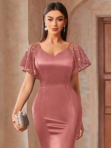 MIUSOL Elegant Sequin Lace Sweetheart Neck Ruffle Sleeve Satin Mermaid Hem Formal Party Maxi Fitted Dress Wedding Spring - Dusty Pink - View 7