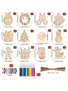 12/24 قطعة مجموعة زينة عيد الميلاد - شرائح خشبية غير مكتملة، تشمل الخيط والأقلام والأجراس، 12 نمطًا من زينة الأطفال DIY الفنية والحرفية للتعليق، جوارب عيد الميلاد، عيد الحب