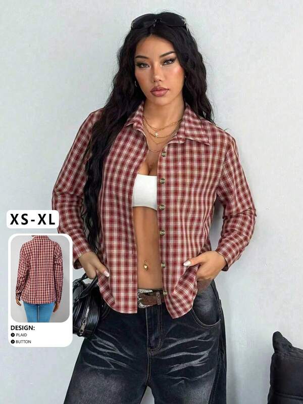 Camisa tipo cardigan de solapa a cuadros con diseño de botón de un solo botonadura, versátil para uso casual diario, nueva para otoño, ropa de otoño para mujer, camisa con botones para mujer