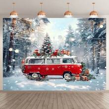 1 حافلة قديمة حمراء ديكور عيد الميلاد خلفية، مشهد غابة شتوية مع هدايا، ديكور عيد عام للحفلات، قماش للتصوير الداخلي والخارجي بدون كهرباء، لوازم حفلات، متوفر بأحجام متعددة - متعدد الألوان - مشاهدة 4