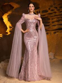 Alluring Rose Backless Evening Gown, Adorned With Exquisite Floral Embroidery And Chiffon Shawl - Sparkling Ballroom Dress, Red Carpet Wedding Guest Dress, Luxurious Chiffon Formal Gown - Pink - View 2