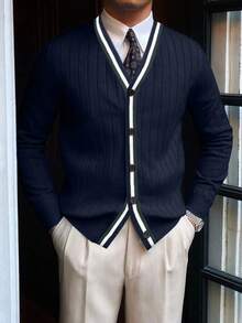 男士复古硬币图案长袖开衫，适合秋冬季节穿着，可搭配西装和衬衫 - 藏蓝色 - 查看 1