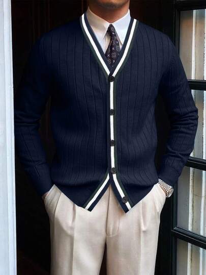 Men's Vintage Coin Pattern Long Sleeve Cardigan, Suitable For Autumn/Winter, Can Be Worn With Suit And Shirt