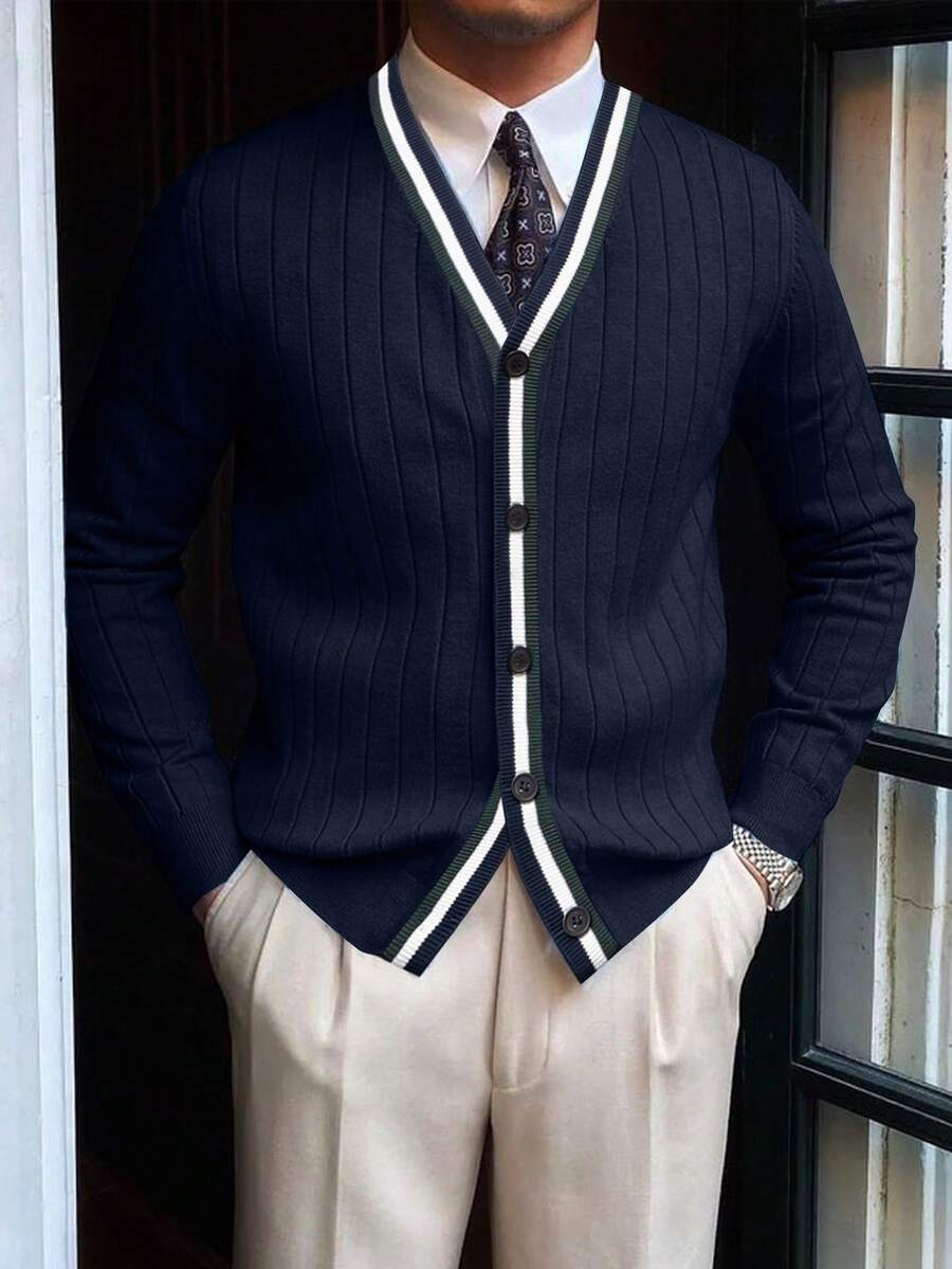 男士复古硬币图案长袖开衫，适合秋冬季节穿着，可搭配西装和衬衫 - 藏蓝色 - 查看 1