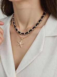 1 Women's Bohemian Style Interwoven Chain Necklace With Gold Diamond Cross Starfish Pendant, Butterfly Pendant - Gold-Plated Stacking Chain, Exquisite Everyday And Formal Jewelry, Bohemian Inspired Statement Piece, New Women's Necklace, Elegant Cross Necklace, Versatile Neckpiece Interwoven Design Suitable For Various Occasions Throughout The Year, - Style/Random - View 2