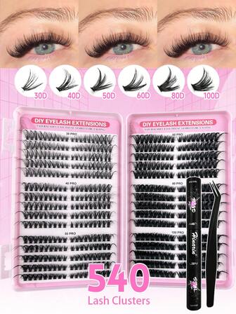 540 件睫毛延长套装左右眼睫毛延长卷曲套装 D 卷睫毛延长套装 30D+40D+50D+60D+80D+100D 单根睫毛带睫毛胶和镊子适合 DIY 家庭使用（8-16 毫米）