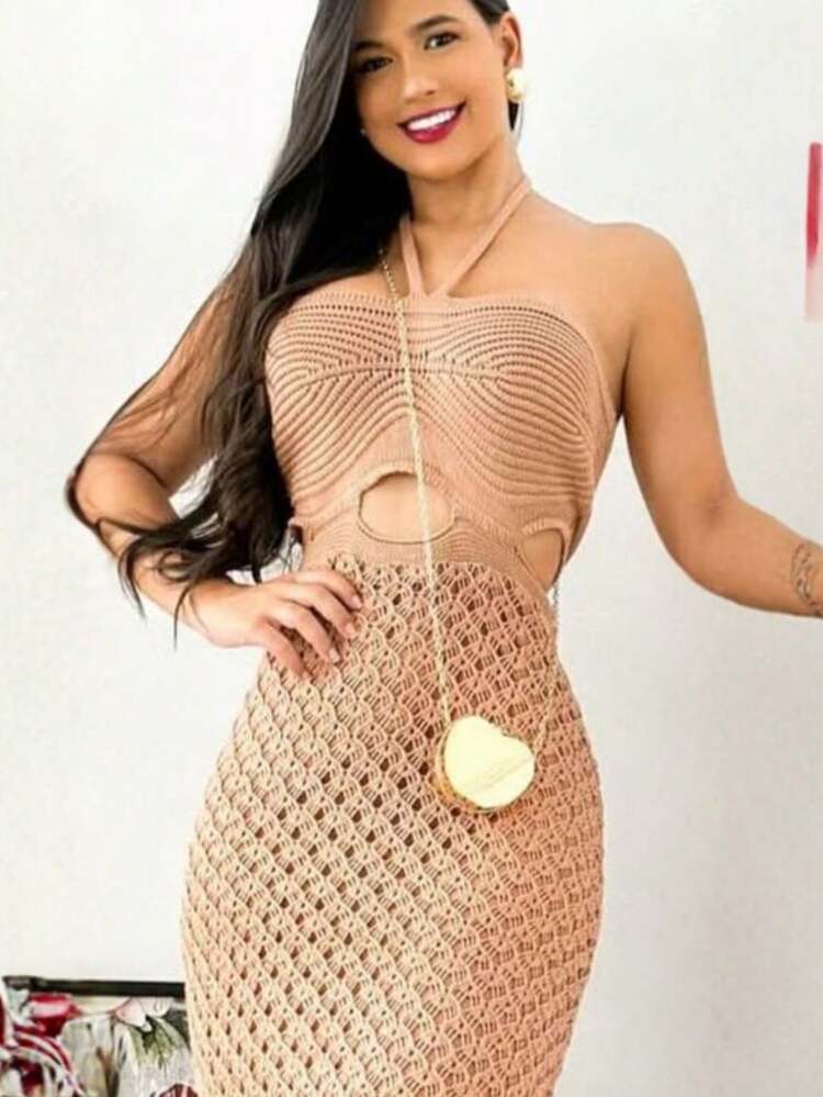 VESTIDO LONGO TRICOT TRICÔ MODAL ELEGANTE AMARRAÇÃO PESCOÇO RECORTE NATAL E ANO NOVO - Nude - Visão 4