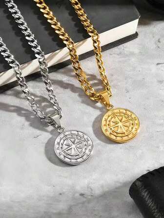 1 pieza Collar con colgante de brújula vikinga chapado en oro de 18K de acero inoxidable, insignia de moneda metálica de estilo versátil y de moda hip-hop para hombres