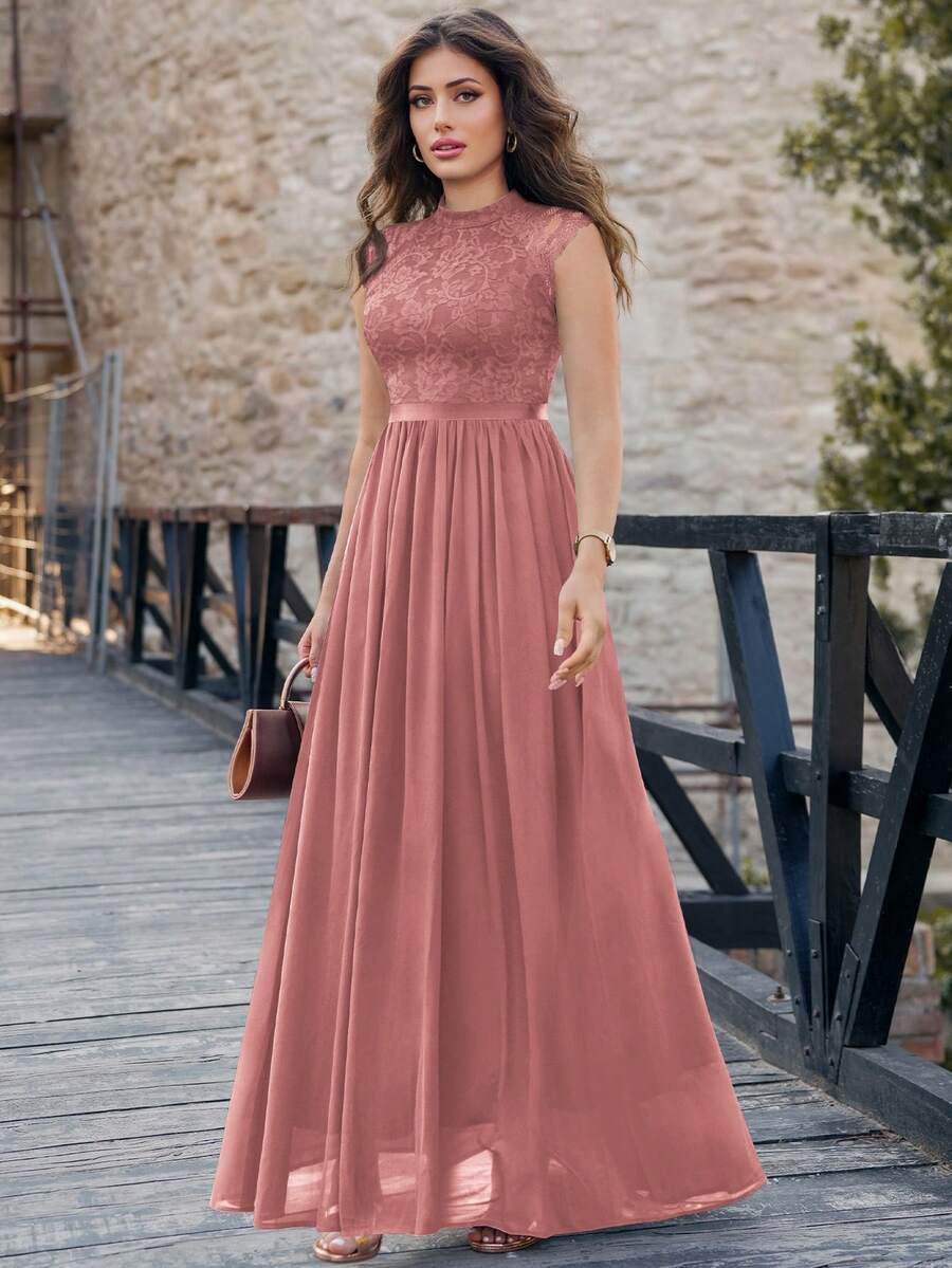 MIUSOL Elegant Floral Lace Mock Neck Cap Sleeve Pleated Hem Prom Party Maxi Dress Wedding Spring