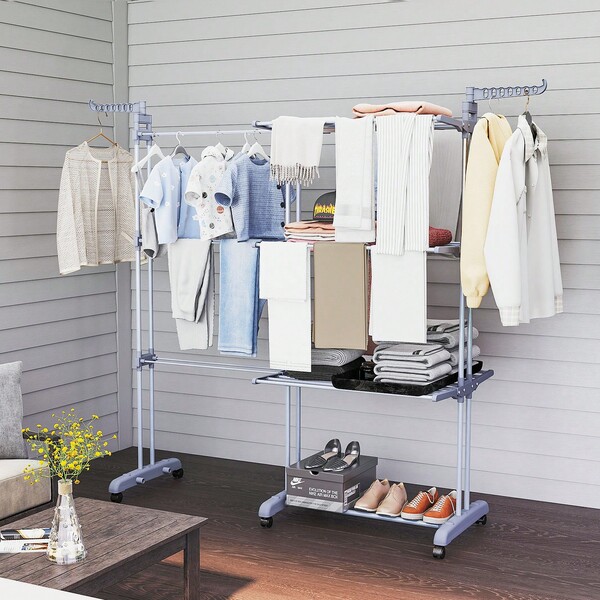 Vierlagiger, zusammenklappbarer Wäscheständer aus Edelstahl mit Universalrädern – verdickt, stabil und mit großer Kapazität, winddichter Haken-Wäscheständer, vielseitig einsetzbar für Balkon und Badezimmer im Innen- und Außenbereich, leicht zu verstauen (H180 * L150 * M50 cm)