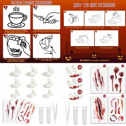 9 Pairs Vampire Teeth With 2 Tube Solid Adhesive-3 Sizes Fake Fangs For Cospaly 4 Scar Stickers Halloween And Christmas Party Costume Accessories Dress Up Gift For Adults And White