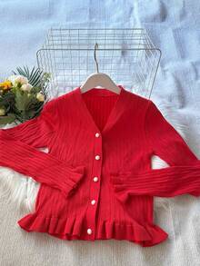 Elegante y de moda Cárdigan de punto a cuadros con escote en V para mujer en otoño-invierno - Mangas largas, longitud corta, bordes con volantes, cierre con botones delanteros. Adecuado para Acción de Gracias, Navidad, Año Nuevo y otras ocasiones.