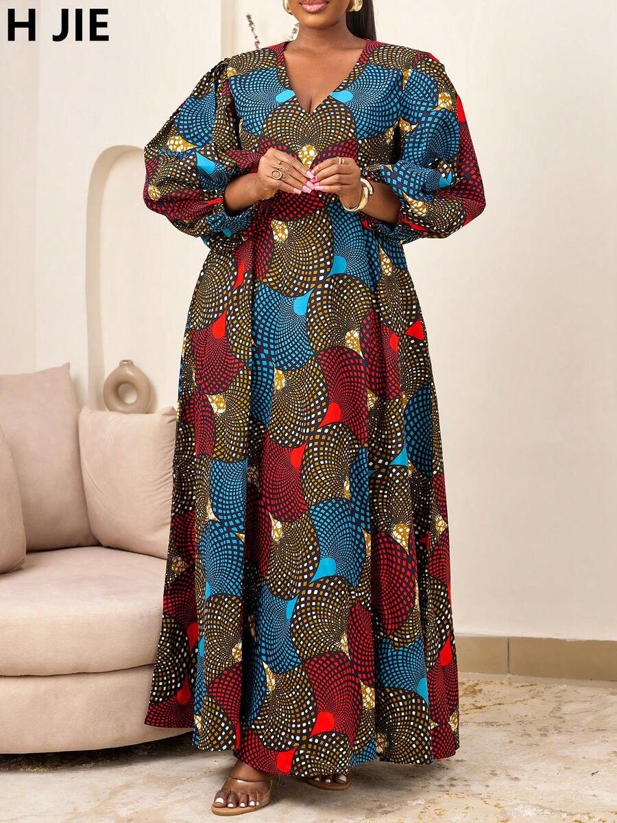 1件装女士全印花派对休闲端庄梭织面料腰带连衣裙，度假海滩优雅春季款 - 彩色 - 查看 1