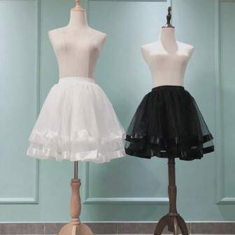 1pc Women's Vintage Polyester Petticoat Skirt, Breathable Double-Layer Pleated Skirt With Satin Ribbon Decor, Can Be Worn Alone Casually Or As Underskirt