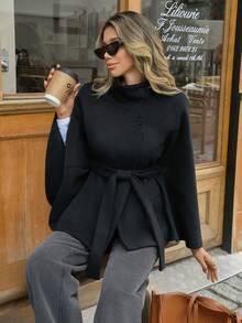 Chaqueta corta de lana de mujer de unicolor elegante para uso diario, con cuello alto, cintura ceñida, cinturón de unicolor, cierre con botones delanteros