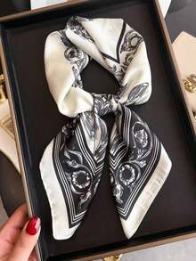 1pc Women's Luxury Floral Print Silk Satin Square Scarf, Fashion Versatile Headband And Bandana, Elegant Hair Scarf Or Shawl Wrap, Lightweight Neck Scarf For Tourism, Vacation, Daily Commuting, Leisure Outfits, And Chic Gift Accessories - Cạnh trắng - Xem 5