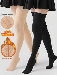 1 Pair, Thin Plush Silicone Sports Long Socks, Knee Socks With Thick Suede Knee Pads, Autumn And Winter Warm High Tube Over Knee Extended Thick Suede Silicone, High Tube Extended Knee Root Socks JK Warm Over Knee Long Socks, Women's Socks, Student Fitness Long Socks, Spring And Autumn Thin Velvet Styles
