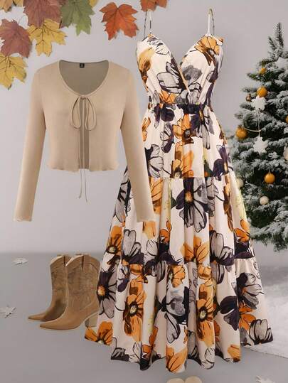 Plus Size Knit Cardigan + Floral Print Camisole Dress 2-Piece Set, Casual Vacation