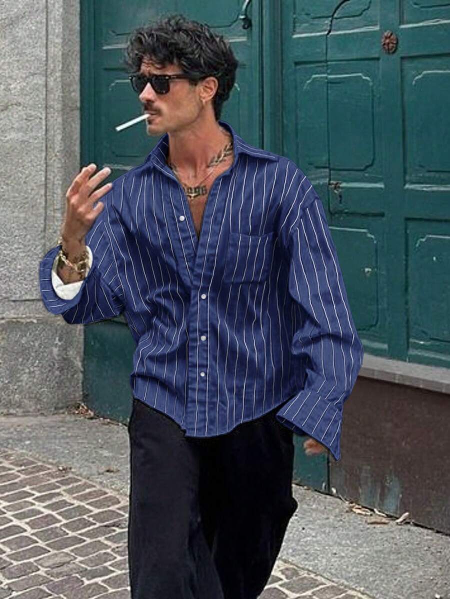 男士条纹长袖衬衫，时尚休闲风格，适合春秋季 - 藍色 - 查看 1