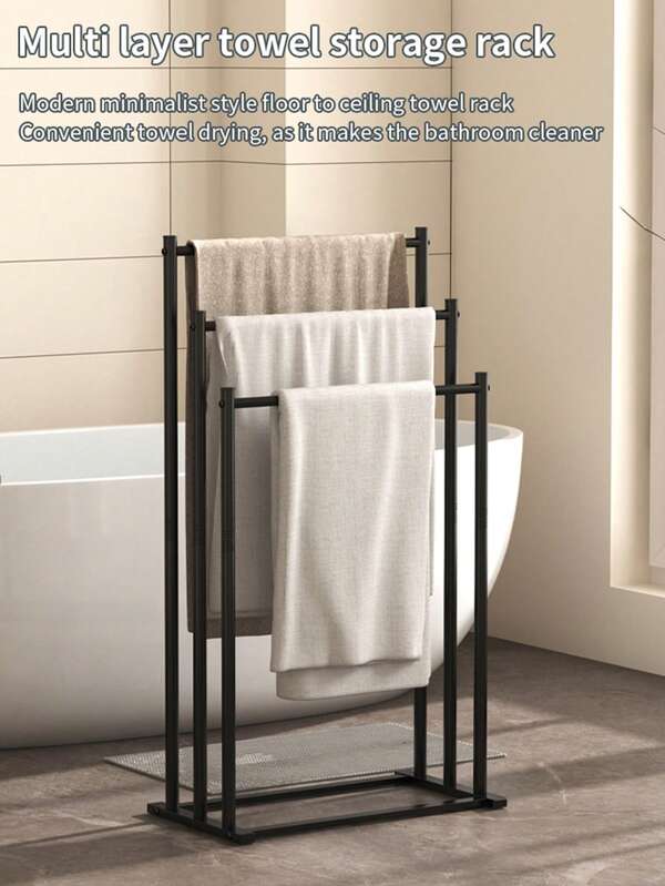 1 pieza Toallero de piso a techo, estante vertical de metal simple y de lujo sin perforaciones para bañera, toallero, estantería de baño, barra colgante