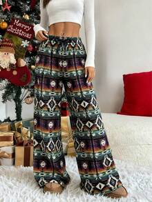 Women's Christmas Geometric Print Drawstring Waist Wide Leg Pants