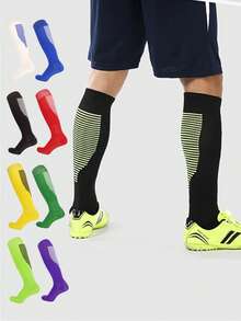1 Pair Kids Thin Soccer Socks, Boys Girls Striped Knee-High Sports Socks, 7-12 Years Old Children Athletic Training Socks