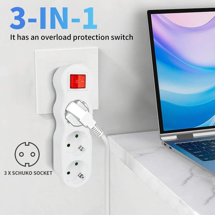 CILIA 1/2pcs ,3 In 1 EU Power Strip With Switch, 3 SCHUKO Sockets, 3500W(16A), 250V , White / Black