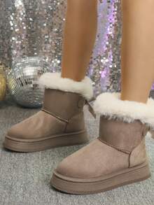 Botas de nieve de suela gruesa con lazo de unicolor de 2025, botas cortas de invierno para mujer con forro grueso para fiestas/uso casual, botas de algodón con forro polar para uso diario/esquí al aire libre con suela antideslizante