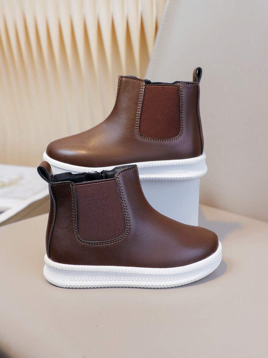 1 Pair Fashionable Patchwork Neutral Children Casual Side Zipper Chelsea Boots, Round Toe, Simple Boots For Girls, Suitable For Autumn/Winter - Brown - View 1