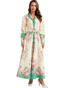 New Chinese Style Sweet Floral Print Stand Collar Lantern Sleeve High Waist Maxi Dress, Suitable For Women, Paired With Belt
