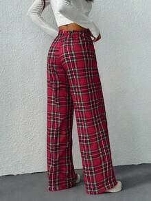 女士毛绒格子家居裤，保暖长裤，带3D蝴蝶结，舒适秋冬睡衣，柔软家居裤 - 紅色 - 查看 5