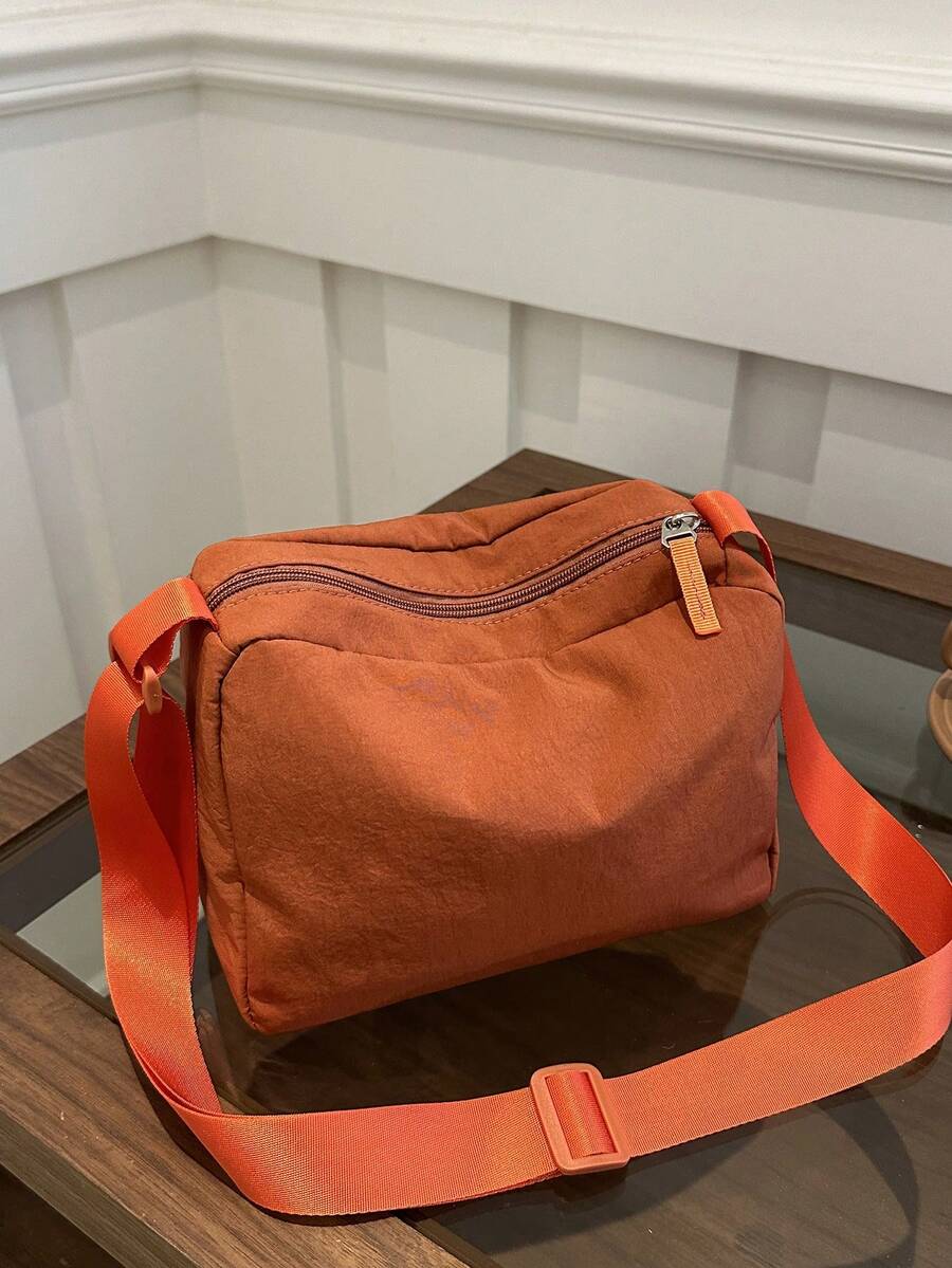 1pc Solid Color Polyester Casual Zipper Crossbody Bag, Suitable For Women's Daily Use - Orange - View 1
