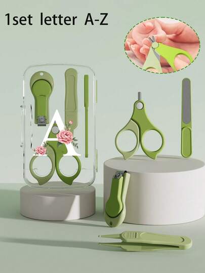 1 Set High-Quality Stainless Steel Nail Clipper Set - Stylish Watercolor Peony A-Z Alphabet Design | Ergonomically Designed Safety Scissors And Nail Clippers With Rounded Tips, Green Handles, And A Soft Grip Portable Sharp Compact Nail Trimmers For Daily Care, Travel & Nail Salon Visits | Backpack Accessory, Thoughtful Gift For Friends & Family – Perfect For Thanksgiving, Christmas, Graduation Season