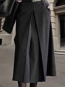 女士时尚黑色 A 字中长裙 - 高腰、喇叭形设计、涤纶面料、适合通勤或休闲穿着、四季皆宜（无需腰带）