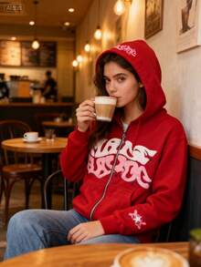 Men's And Women's Fashion Wear Group Men's Hip-Hop Foam Letter Print Hooded Zipper Sweater Christmas Match Women's Casual Top Cardigan Coat - 紅色 - 查看 4
