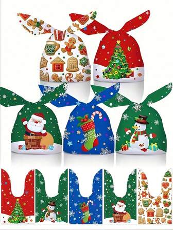 10/30/50 件、圣诞糖果礼品袋、圣诞兔耳朵礼品袋、带扭结的圣诞快乐礼品袋、礼品包装袋、圣诞老人麋鹿雪人圣诞树姜饼图案、圣诞装饰、圣诞派对装饰派对用品派对礼物、节日装饰、圣诞节