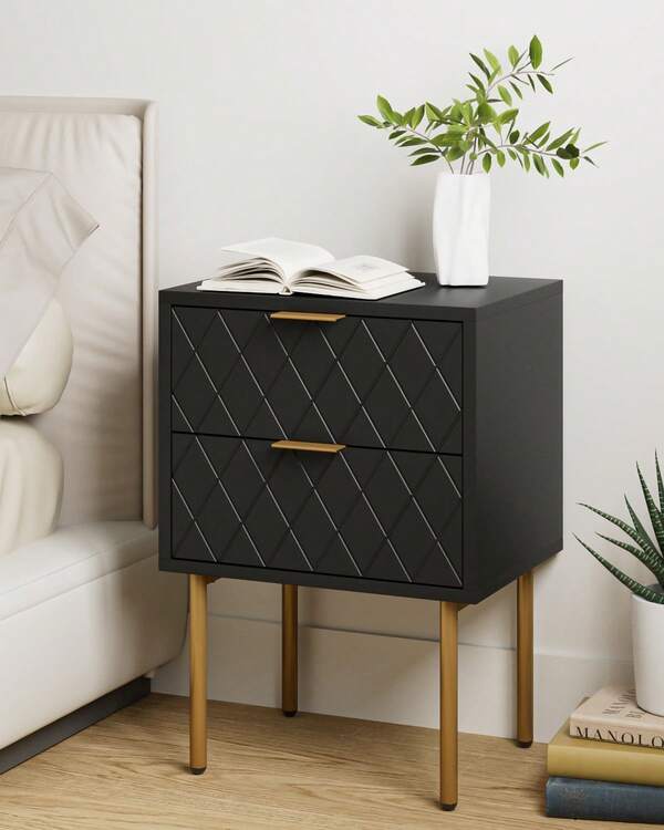 Black Nightstand Set Of 2 With Gold Handle, Bedside Table With 2 Drawers, Night Stands Set Of 2 Gold Legs For Bedroom Living Room