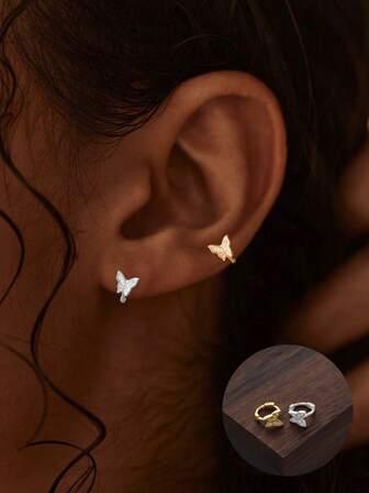 1 Piece Of S925 Pure Silver Mini Micro-Inlaid Diamond Foldable Small Butterfly Small Hoop Earrings, Designed For Women, Suitable For Women's Daily Wear All Year Round, And An Excellent Gift For Girlfriends, Mothers And Sisters