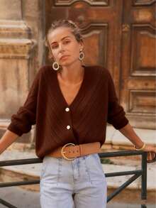Solid Color Cardigan Long Sleeve Knit Top Sweater Jacket, Autumn/Winter - Brown - View 3