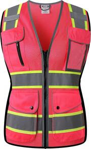HATAUNKI High Visibility Reflection Pink Mesh  Vests With 8 Pockets And Front Zipper, Hi Vis  Vest For Women, Meets ANSI/ISEA Standards(Pink-16,X-Large),24200043 - 玫紅色 - 查看 1