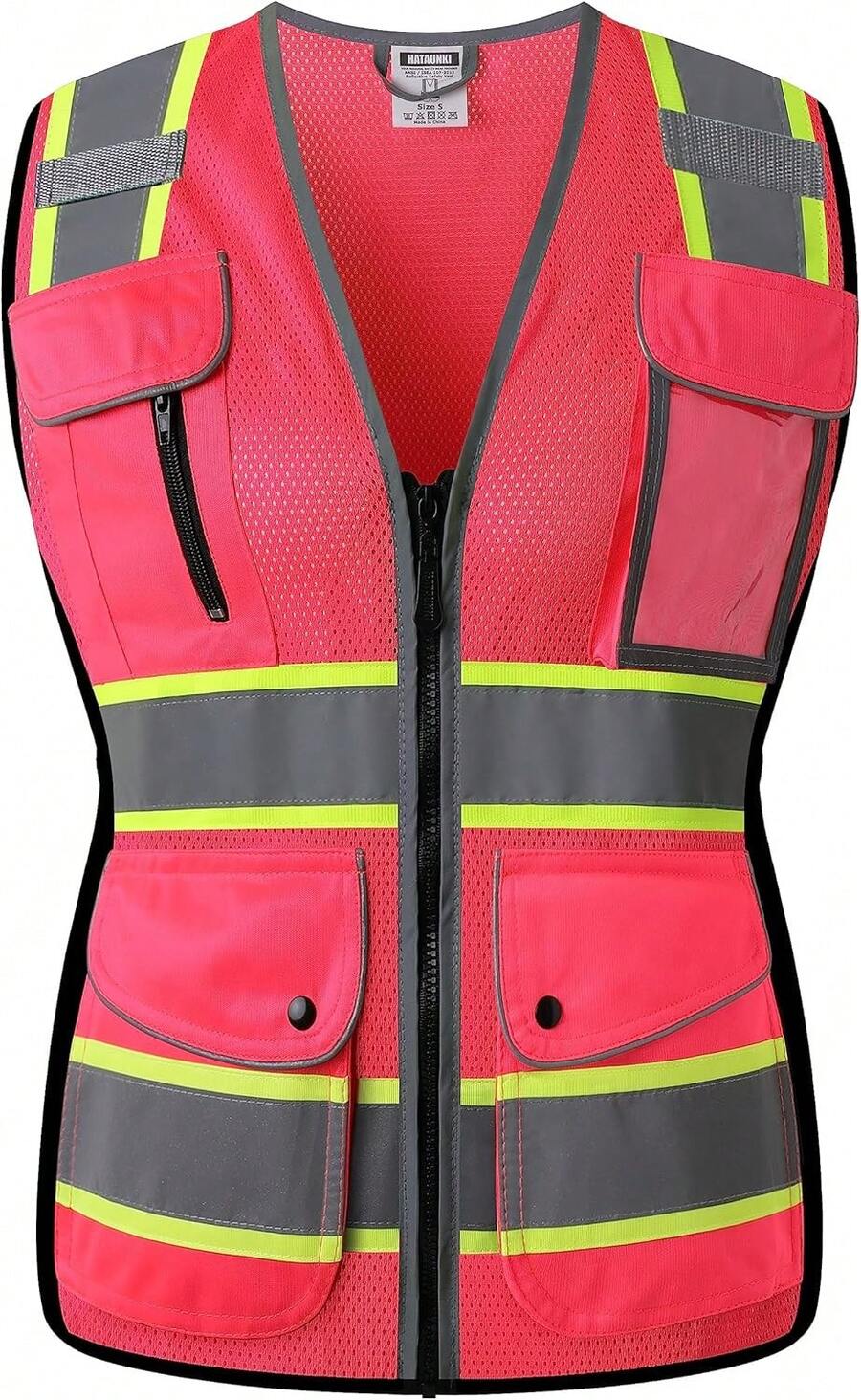 HATAUNKI High Visibility Reflection Pink Mesh Vests With 8 Pockets And Front Zipper, Hi Vis Vest For Women, Meets ANSI/ISEA Standards(Pink-16,X-Large),24200043 - 玫紅色 - 查看 1